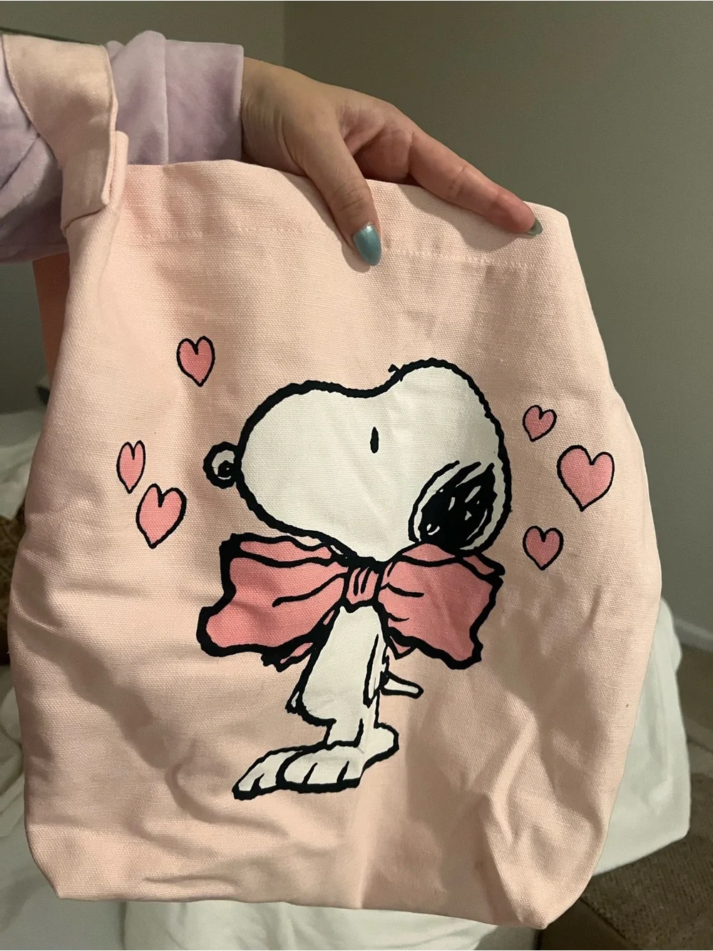 Pink Snoopy Canvas Tote Bag with Heart Graphic
